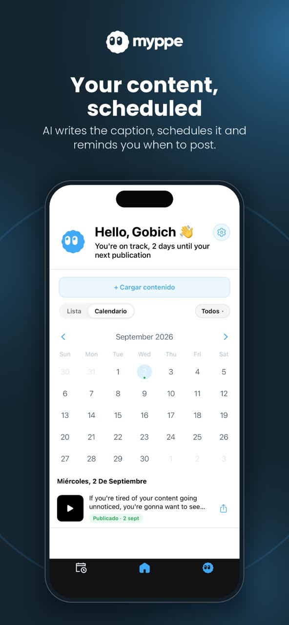 Your content, scheduled — AI writes the caption, schedules it and reminds you when to post.
